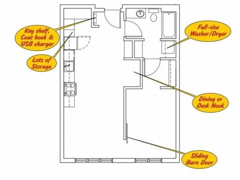 Floor plan for 1 bed, 1 bath, 633 sqft
